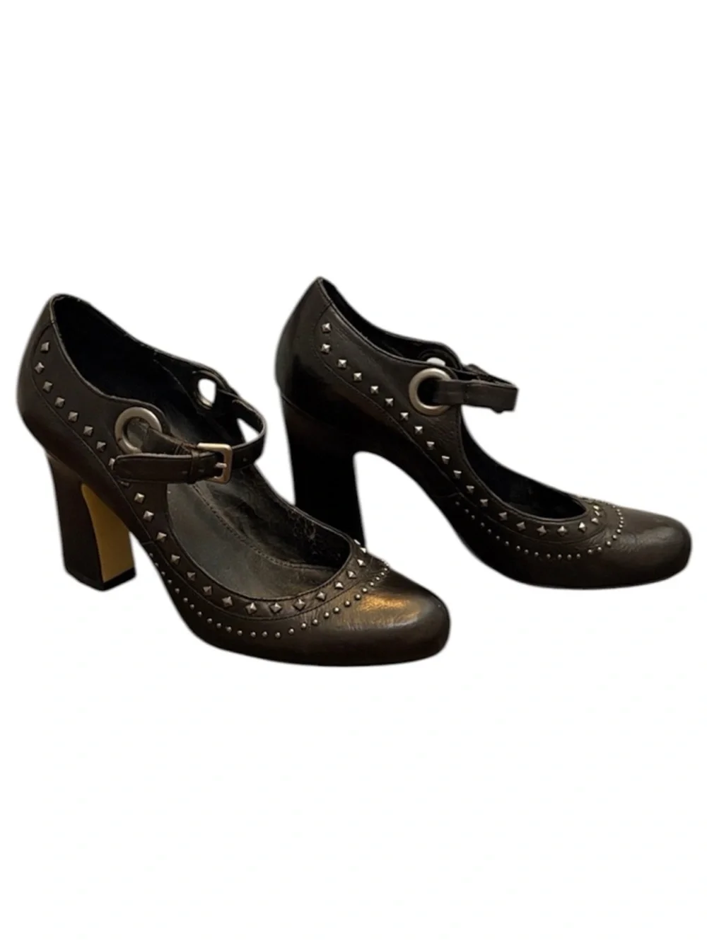 B. Makowsky Black Leather Studded Mary Jane Heels Size 6
